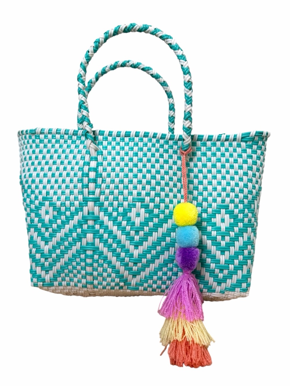 Mexican Vintage Turquoise and White Crafted Recycled Plastic with TASSLE.